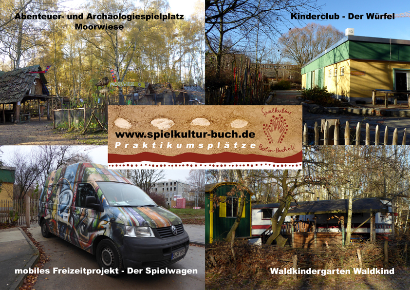 Plakat mit Ansicht von der Moorwiese, vom Würfel, vom Waldkindergarten und vom Spielmobil